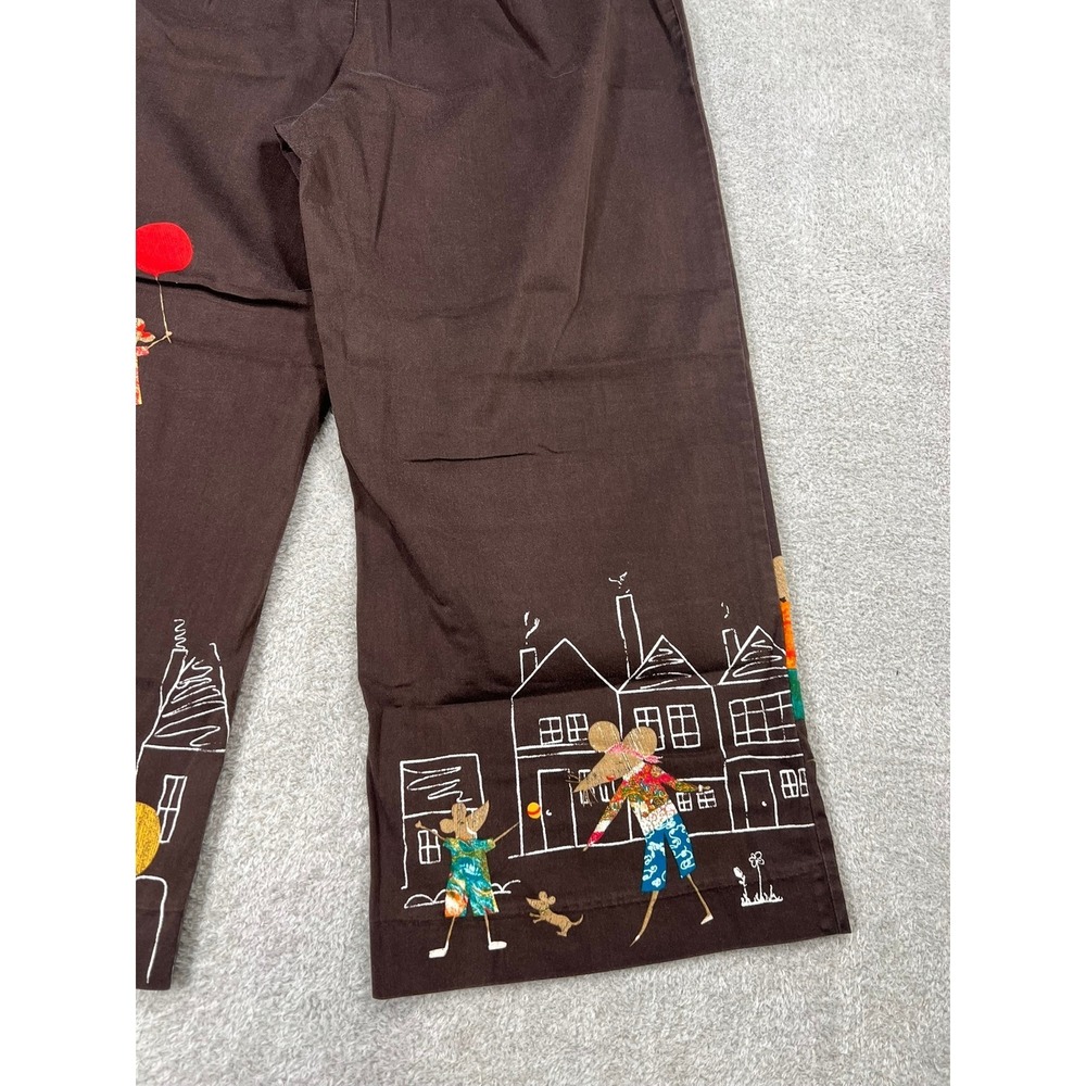 Chicos Brown Wide Leg Crop Capri Pants Mouse Village Whimsical Vintage Size 1 M - Picture 2 of 8